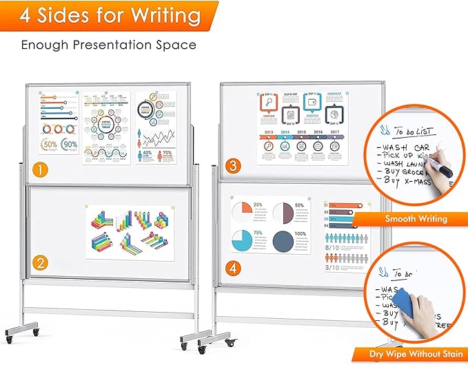 maxtek Dry Erase Whiteboard Height Adjustable, Easel Stand Rolling White Board on Wheels - 48 x 60 Large Mobile Dry Erase Board, 4' x 5' Double Sided Magnetic Whiteboard for School Office Home