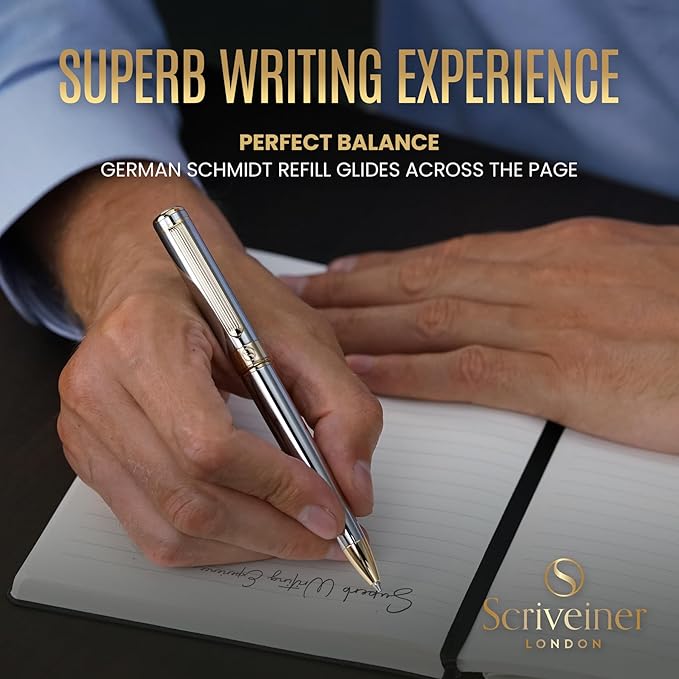 Scriveiner Personalized Silver Chrome Ballpoint Pen - Stunning Luxury Pen, Real Gold Plating, Schmidt Ink Refill, Best Engraved Ball Point Gift Set for Men & Women, Custom Name Engraving