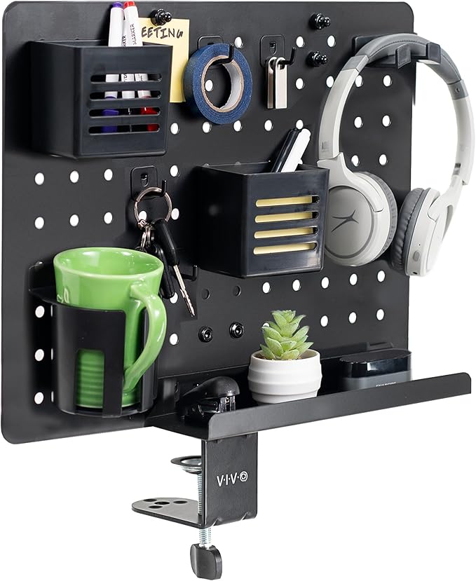 VIVO Steel Clamp-on Rotating Pegboard, 17 x 13 inch Magnetic Peg Board, Above or Below Desk Accessory Organizer, Black, PP-DK01C