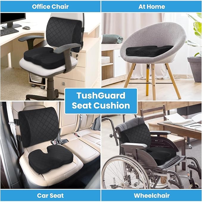 TushGuard Office Chair Cushions with Handles, Back&Seat Cushion, Sciatica & Back Coccyx Tailbone Discomfort Easing Chair Pad, Memory Foam Lumbar Support Pillow for Gaming, Desk, Wheelchair, Car(Black)