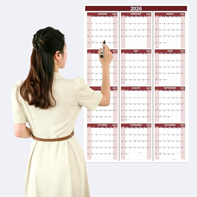 2026 Wall Calendar 34.8" x 22.8" Large Vertical Yearly Wall Hanging Calenda with Julian Date Thick Paper Calendar 12 Month Annual Wall Planner for Wall Office Fridge(Red)