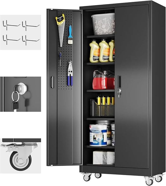 Aobabo Upgraded 71''H Metal Garage Storage Cabinet with Wheels and Door Pegboard,Steel Cabinets with 2 Doors and 5 Adjustable Shelves for Home Office,Required Assembly,Black