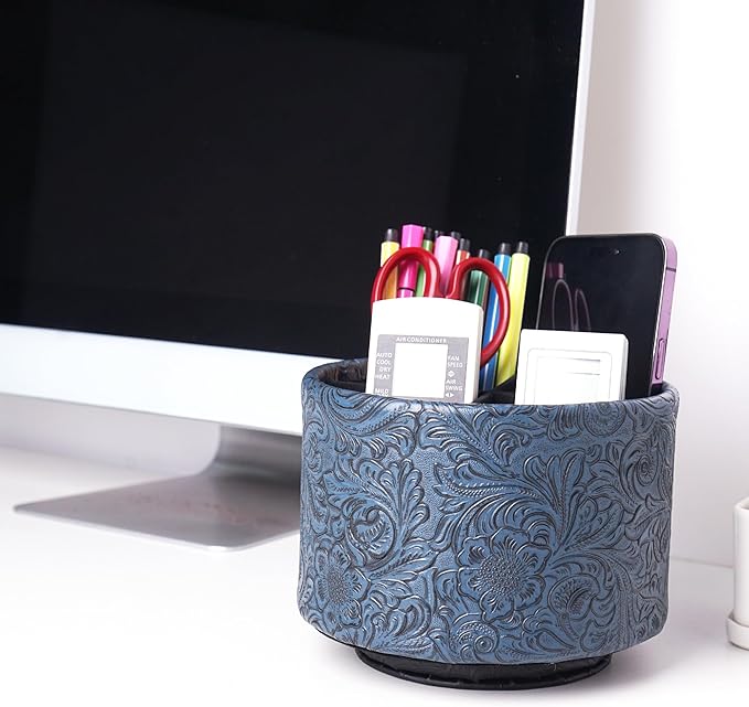 lizimandu Round Leather Art Supply Organizer,Remote Control Holder,360 Degree Spinning,Multi-Functional Pencil Holder,4 Compartments Desktop Stationary Organizer(1-Carved Dark Blue)
