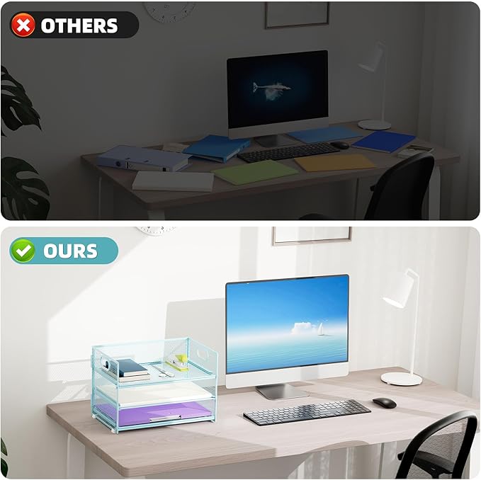 Marbrasse 3 Tier Paper Organizer Letter Tray, Mesh File Organizer with Handle, Paper Sorter Desk Organizer for Home Office Supplies - 2p Blue