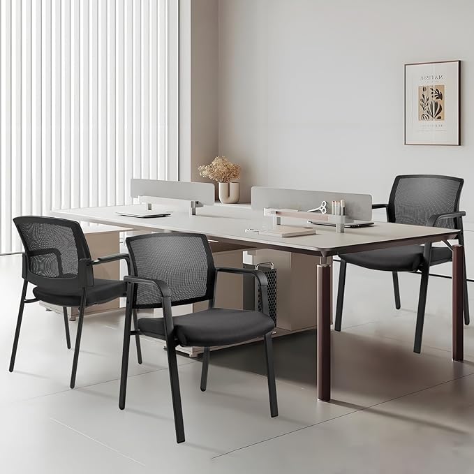 CLATINA Mesh Back Stacking Arm Chairs with Upholstered Fabric Seat and Ergonomic Lumber Support for Office School Church Guest Reception Black 4 Pack Set New Version