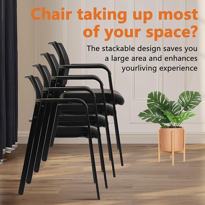 CLATINA Stackable Office Chair, Mesh Back Guest Chairs with Comfortable Leather Seat Arms Stacking Ergonomic Desk Chair No Wheels for Conference Waiting Reception School Stationary, Black, Set of 2