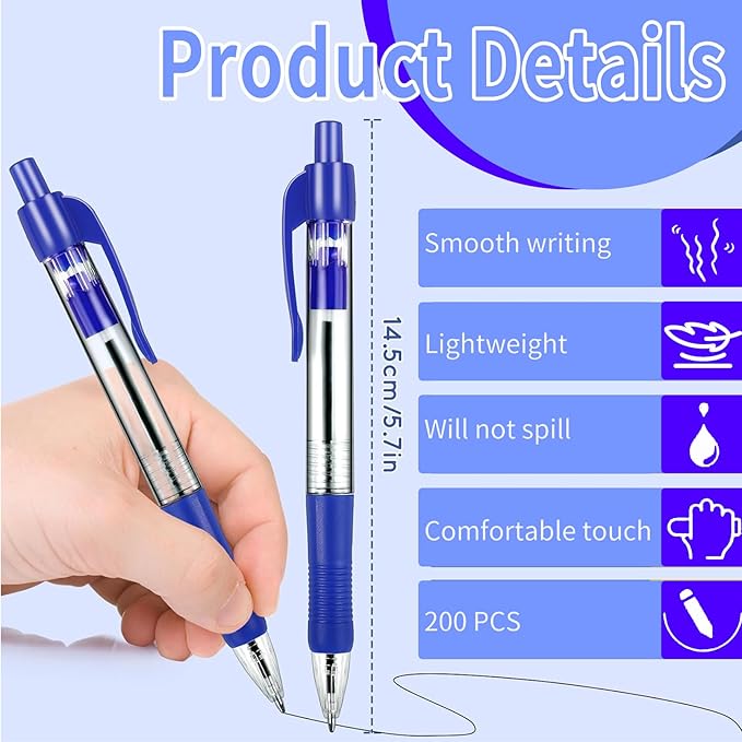 200 Pack Ballpoint Pens Bulk, Blue Gel Ink Pens, 1.0 mm Medium Point Pen, Retractable Smooth Writing Pen with Comfortable Grip for Journal Writing Home Office Supplies (Blue Ink)