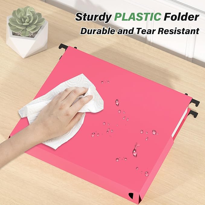 Ansook Plastic Hanging File Folders,Letter Size,Extra Capacity, 2" Expanding Accordian Pocket,Heavy Duty for Filing Cabinet,Hard and Durable Hang Folders Organizer,Letter Size,Pink - 12 Pack