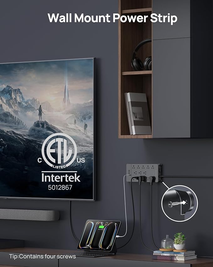 TROND Surge Protector Power Strip, 360° Rotating Flat Plug, 13AC Widely Spaced Outlets Expansion with USB C Port, 4000 Joules, 5ft Extension Cord Heavy Duty, Wall Mount, Under Desk, ETL Listed, Black