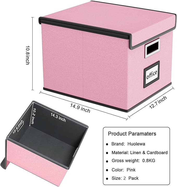 Huolewa Collapsible File Storage Organizer Boxes with Lids, Linen Document Storage, Universal Hanging Filing Organization Boxes for Letter/Legal, Decorative Office/Home File Bins - Boxes Only(2 Pack)