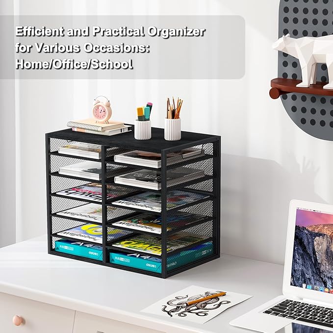 PAG Mass Mail Holder, Adjustable Countertop Literature Organizer, Student Mailbox, Desktop Bill Paper Organizer, 12 Compartments, Black