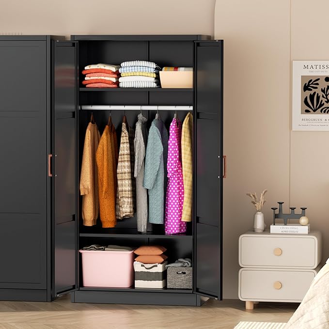 Greenvelly Metal Wardrobe Cabinet, 72" Black Armoire Metal Wardrobe Closet for Hanging Clothes with Wooden Handle, Modern Clothes Cabinet for Home, Office,Bedroom, School,Gym