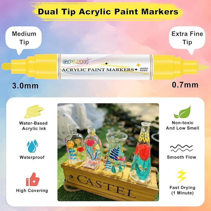 Paint Markers Paint Pens - 2 Pack Dual Tip Acrylic Permanent Marker (0.7mm & 3mm), Non-Toxic, Water-Based for Art Painting, Stone, Ceramic, Glass, Wood, Fabric, Metal, DIY Crafts (Yellow)