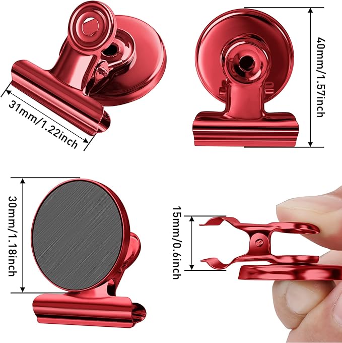 FINDMAG 12 Pack Magnetic Clips for Photo Display, Picture Hanging, Heavy Duty Scratch-Free Fridge Magnet Clips for Whiteboard, Refrigerator, Locker, Kitchen, Office, Magnetic Clips for Photo, Red.