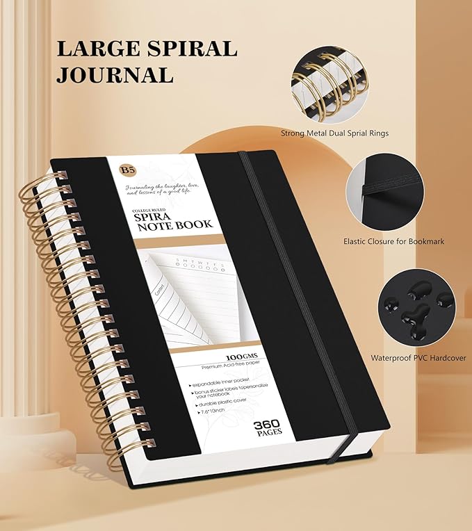 Spiral Notebook Journal, 360 Pages College Ruled Notebooks, Lined Thick Journals for Women Men, A5 Thick Spiral Writing Journaling with 100GSM Paper, Spiral Notebooks for Work School 5.5"x8.5" Black