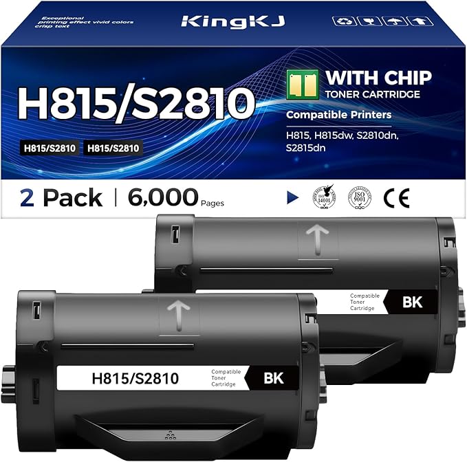 KingKJ H815 S2810 Black Toner Cartridge 2-Pack High Yield Replacement for Dell 593-BBMF 593-BBML Toner Cartridges Compatible with Dell H815 S2810dn H815dw S2815dn Laser Printer Ink All-in-One Copier