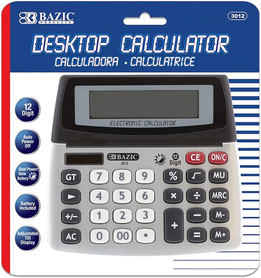 BAZIC 12-Digit Dual Power Desktop Calculator with Adjustable Display (Case of 12) (3012-12)