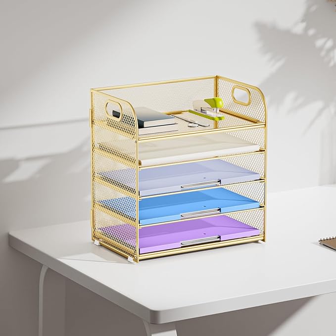 Marbrasse Paper Organizer Letter Tray, 5 Tier Mesh File Organizer with Handle, Paper Sorter Desk Organizer for Home Office Supplies - Gold