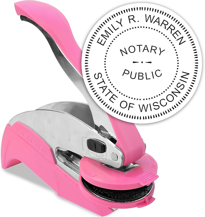 MaxMark Notary Seal Round Pink Embosser for Wisconsin State - Includes Gold Burst Seal Labels (50 Count)