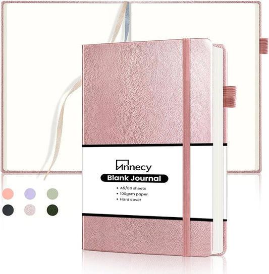 Annecy Blank Journal Notebook, Medium 5.5x 8.25, 160 Pages 100GSM Writing Paper, A5 Rose Gold Faux Leather Cover with Pen Loop
