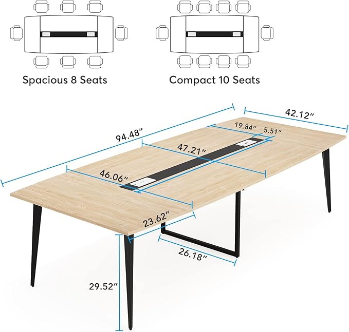 Tribesigns 8FT Conference Table, 94.48L x 47.21W x 29.52H Inches Boat Shaped Meeting Table with Rectangle Grommet, Modern Seminar Boardroom Table for Office Conference Room (Light Wood Grain, 8ft)