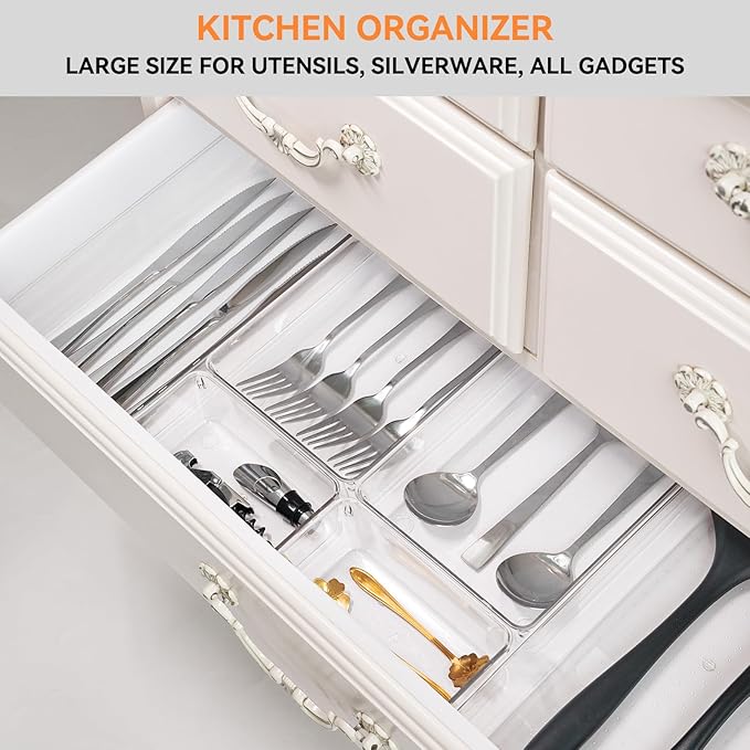 Criusia 8 Pack Drawer Organizer for Kitchen Gadgets, Large Clear Plastic Drawer Divider for Kitchen Accessories, Bathroom Organizers and Storage, Home Essentials for Makeup and Vanity Accessories