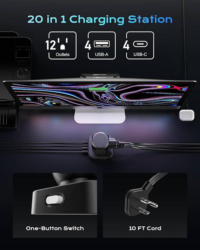 Tower Surge Protector Power Strip, Flat Plug 10FT Extension Cord with Multiple Outlets, 12 AC Outlets & 8 USB Ports, 24W Outlet Extender Overload Protection for Home Office Room