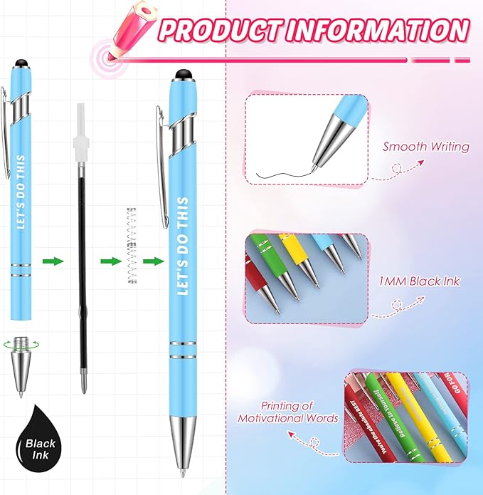 Lounsweer 100 Pieces Inspirational Ballpoint Pens with Motivational Messages, 20 Colors, 1mm Black Ink, Stylus Tip, Fun and Encouraging Gifts for Teachers, Students, Office and School Supplies