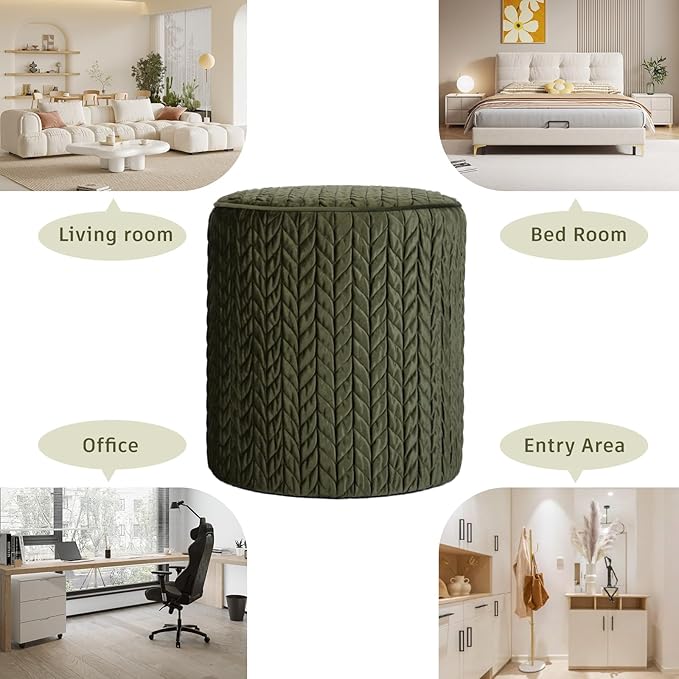 Modern Round Ottoman, Braided-Tufted Foot Stool Ottoman, Velvet Upholstered Vanity Stool for Makeup, Bedroom, Living Room, Dark Green