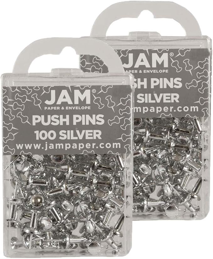 JAM PAPER Colorful Push Pins - Silver Pushpins - 2 Packs of 100