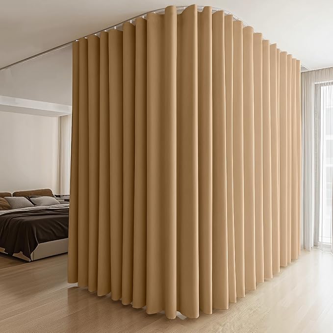 Room Divider Curtains & Flexible Bendable Tracks Set,Privacy Dividers Ceiling Track Curtain Window Blackout Curtains for Living Room Bedroom (W180 × H96 in 1 Panel Khaki Drape & White Rail)