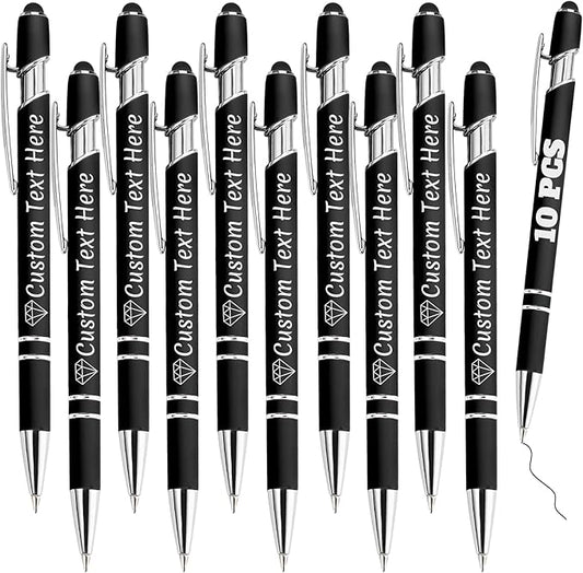 Personalized Pens Bulk 10 with Name Custom Engraving Ballpoint Pens with Stylus Tip Customized Smooth Writing Pens Personalized Gifts for Anniversary Birthday or Graduation(Black,Black Ink)