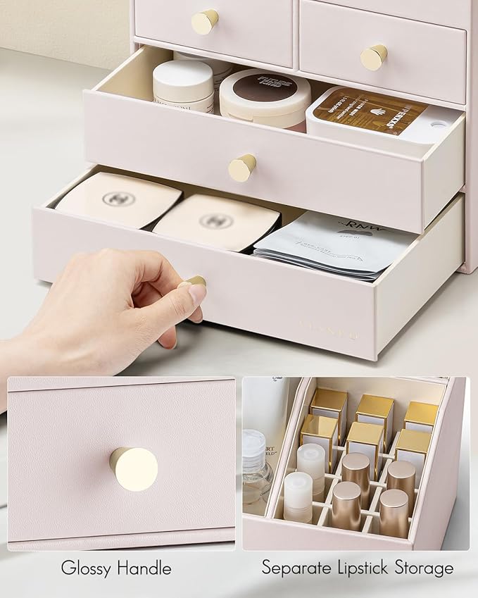 Vlando Makeup Organizer Countertop,Large Vanity Organizer PU Leather Make up Storage with 4 Drawers Skincare Organizer Cosmetic Display Case for Lipstick,Brushes-Apricot White