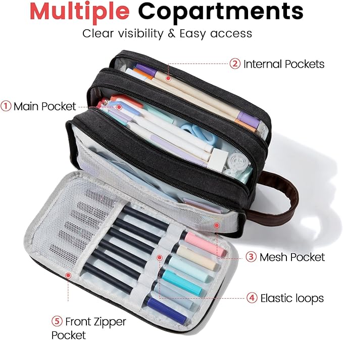 Sooez Large Pencil Case Pouch, Extra Big Pencil Pouch Pencil Bag with PU Handle & Zipper, Sturdy Pen Case with 3 Compartments, Aesthetic School College Supplies Organizer for Men Women Boys, Green