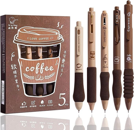 Cute Gel Pens 5Pcs Retractable Quick Dry Ink Pens 0.5mm Fine Point Black Ink Kawaii Smooth Writing Pens for School Office Supplies Aesthetic pretty pens (Coffee)