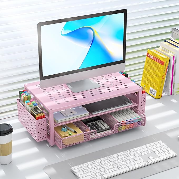 gianotter Desk Organizers and Accessories, Monitor Stand with Drawer and 2 Pen Holder, Desktop Organizer Suitable for Offices and Dormitories (Pink)