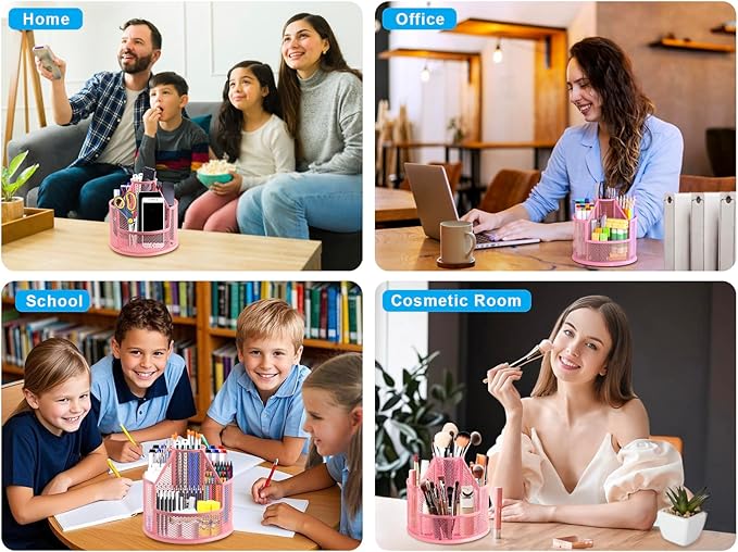 Sturdy Rotating Pen Holder, Cute Metal Pencil Holder, Large Mesh Pen Organizer for Desk, Premium Friendly Office Desk Accessories & Workspace Organizers, Pink