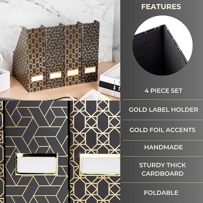 BLU MONACO Set of 4 Stylish Black & Gold Geometric Magazine File Holders with Gold Label Holders – Desk or Bookshelf Storage for Home, Office, Classroom Organization and Décor