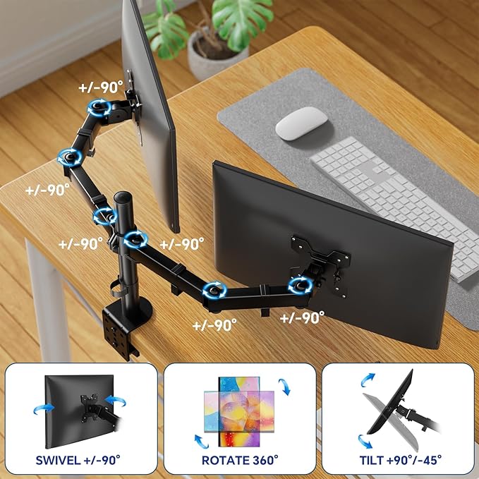 Simple Trending Dual Monitor Desk Mount, Heavy Duty Fully Adjustable Stand, Monitor Arm Fits 2 Computer Screens up to 27 inches and Max 18 lbs Each, Black