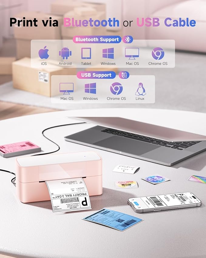 Bluetooth Thermal Label Printer Pink, Wireless 4x6 Thermal Shipping Printer Pink for Small Business & Shipping Package, Desktop Printing, Compatible with Amazon, Ebay, Shopify, Etsy, USPS