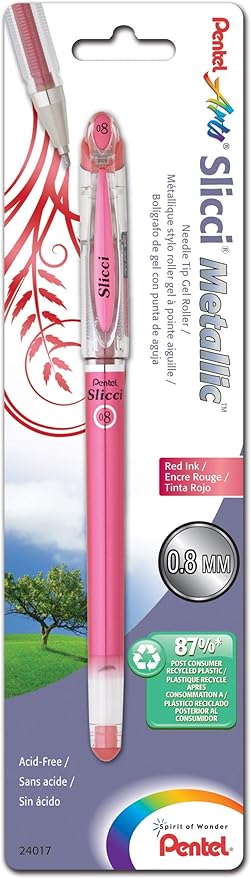 Pentel Arts Slicci Metallic 0.8 mm Needle Tip Gel Pen, Metallic Red Ink, 1 Pack (BG208BPMB)