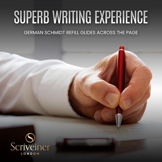 Scriveiner Personalized Deep Crimson Red Pen - Stunning Red Lacquer Luxury Pen with Chrome Finish, Schmidt Ink Refill, Best Engraved Roller Ball Gift Set for Men & Women, Custom Name Engraving