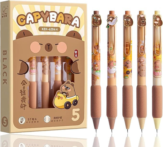 Cute Capybara Gel Pens 5Pcs Retractable Quick Dry Ink Pens 0.5mm Fine Point Black Ink Kawaii Smooth Writing Pens for School Office Supplies Aesthetic Pretty Fun Pens (Capybara)
