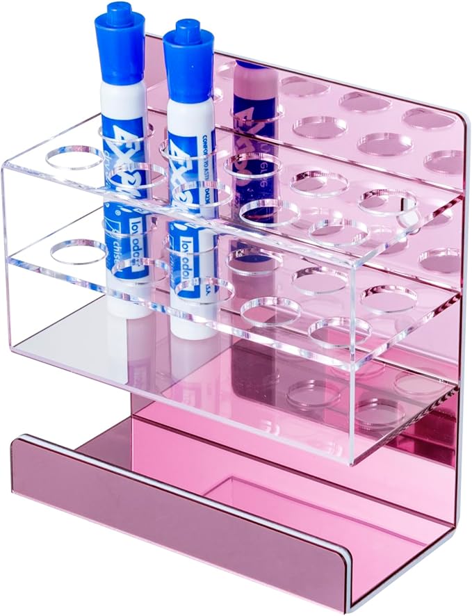 MyGift Dry Erase Marker Holder 10 Slots Whiteboard Marker Holder For Wall Dry Erase Eraser Holder Wall Mount Rose Pink