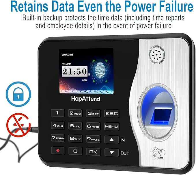 Time Clocks for Employees Small Business Automatic Calculate Hours, 0 Monthly Fees Fingerprint Time Clock, H3 Standalone Biometric Clock in Machine for Employees with 5 RFID Cards