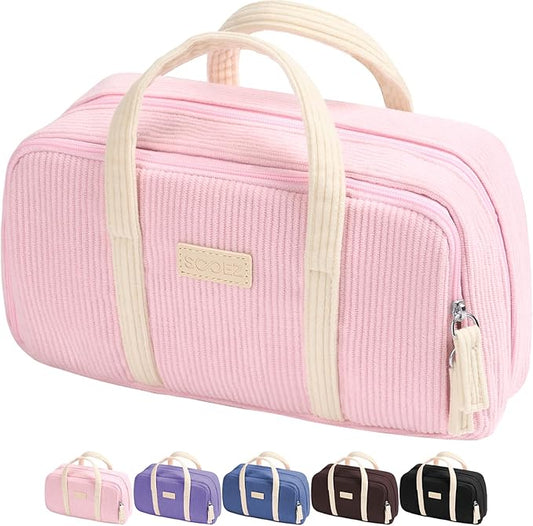 Sooez Large Pencil Case Pouch, Extra Big Pencil Bag with 5 Compartments, Pen Case Wide Opening, Soft Corduroy Pen Bag Organizer with Zipper, Cute Aesthetic School Supplies for Teen Girls, Pink