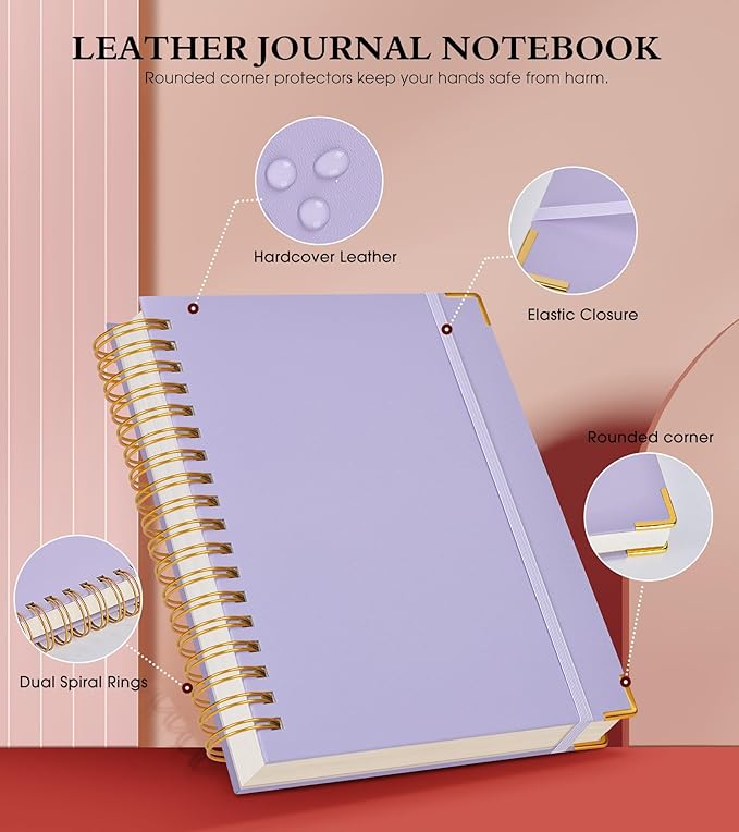 Spiral Notebook Journal 8.5” x 11”, 300 Pages Hardcover Leather Lined Journals for Women Men, A4 Large College Ruled Notebooks with 100 GSM Thick Paper, Spiral Journal for Writing Work School, Purple