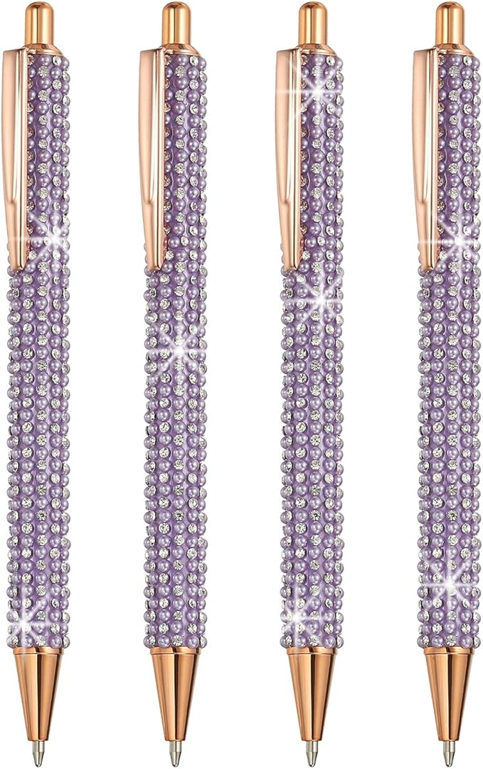 PATIKIL Rhinestone Metal Ballpoint Pen, 4 Pack Crystal Pearl Pens Black Ink 1.0mm Point Sparkly for Women Gift Office Note Taking Journaling, Purple