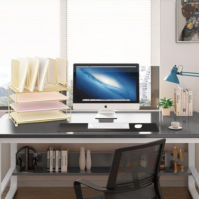 Desk Organizers and Accessories, 3-Tier Paper Organizer with 5 Vertical File Holders, File Organizer for Desk, Desk Accessories & Workspace Organizers (Gold, 3T)