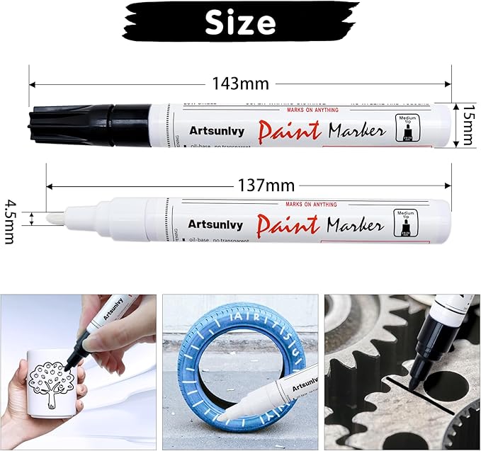 Permanent Paint Pens Paint Markers - 2 Pack Black & White Oil Based Quick Dry Waterproof Markers For Tire, Rubber,Wood, Rocks, Metal, Canvas